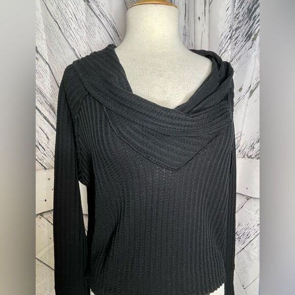 Free People Wildcat Cowl Neck Waffle Knit Thermal Pullover Sweater Black XS - Picture 3 of 7